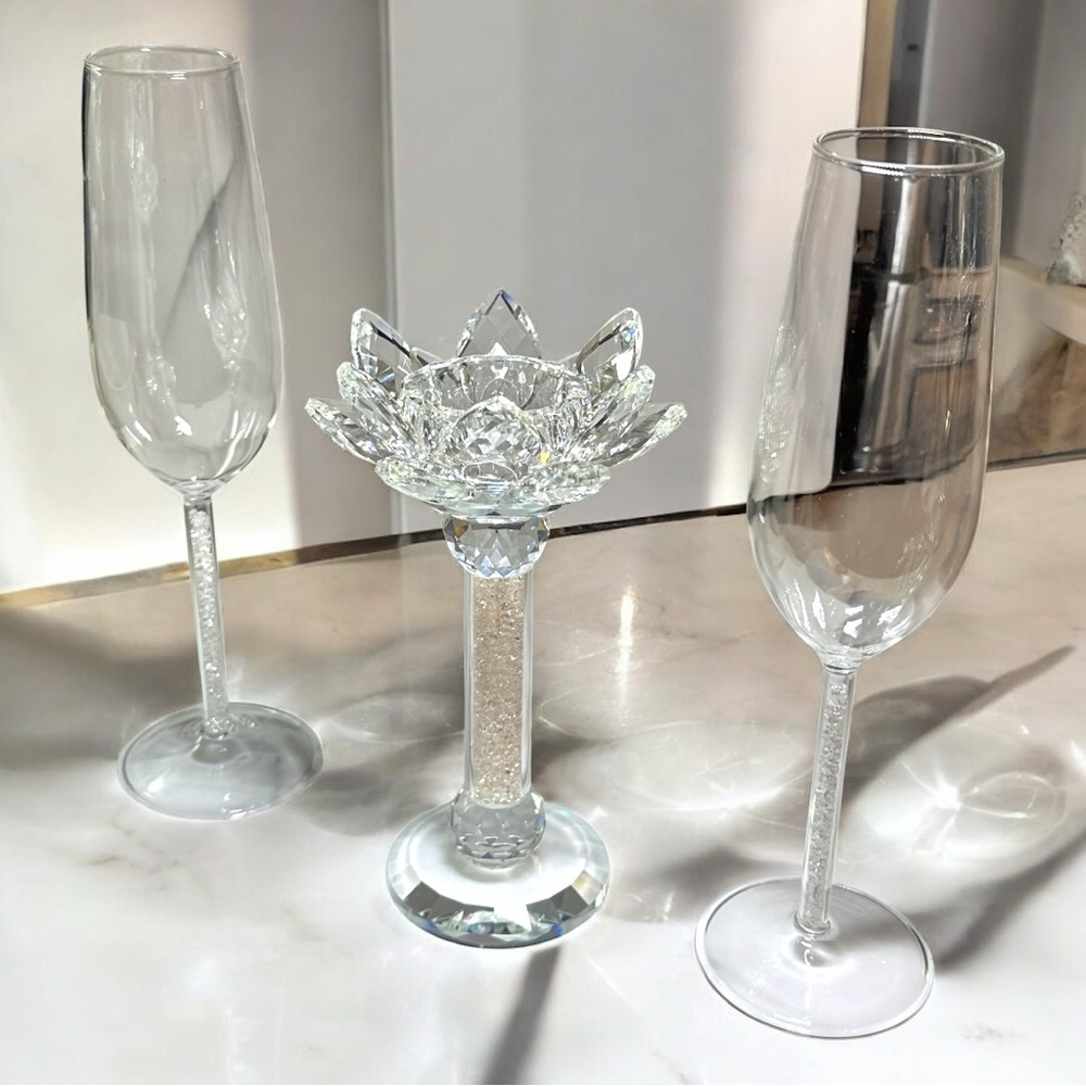 Set of 2 Swarovski Inspired Crystal Champagne Flutes & Petal Stand Candle Holder